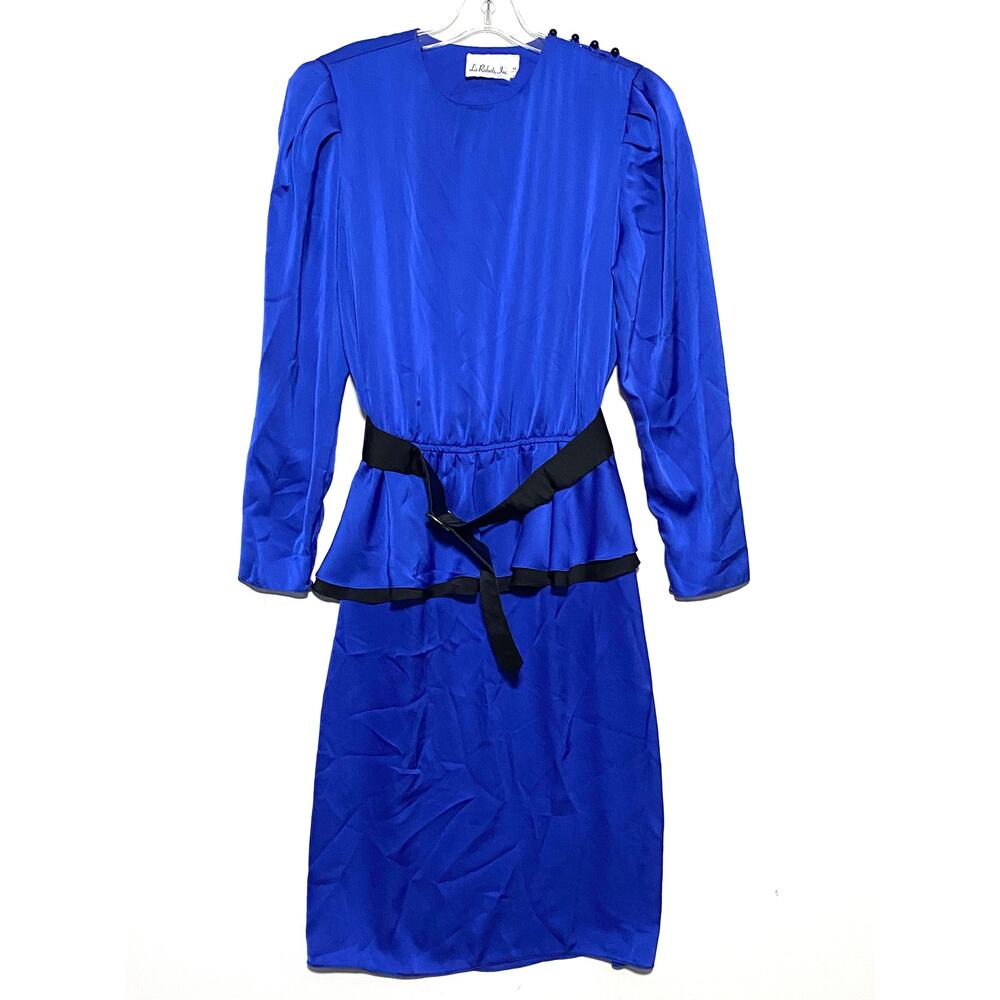 Vintage Liz Roberts, Inc. Royal Blue Long Sleeve Maxi Dress Black Belt Womens 14